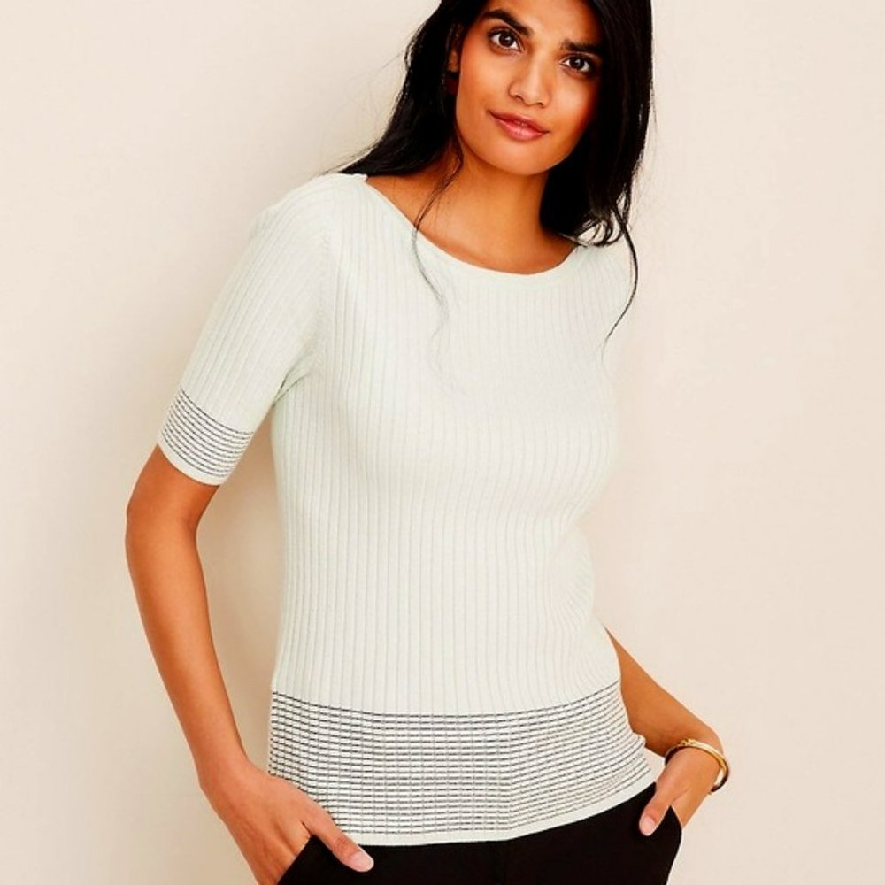 Ann Taylor Mint Green Stripe Ribbed Boatneck Sweater Size XL